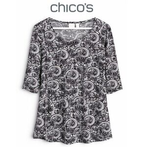 Chico's Black White Paisley Tunic Top Stretch Boho Classic Chic Size 3 XL